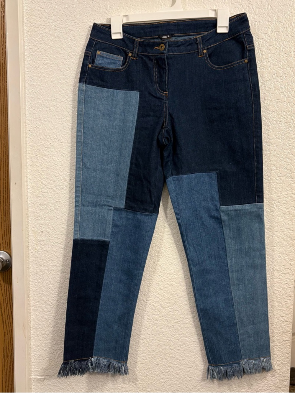 Mark Patchwork‎ Denim Jeans Women's Size 6 Blue Colorblock Raw Hem Straight Y2K